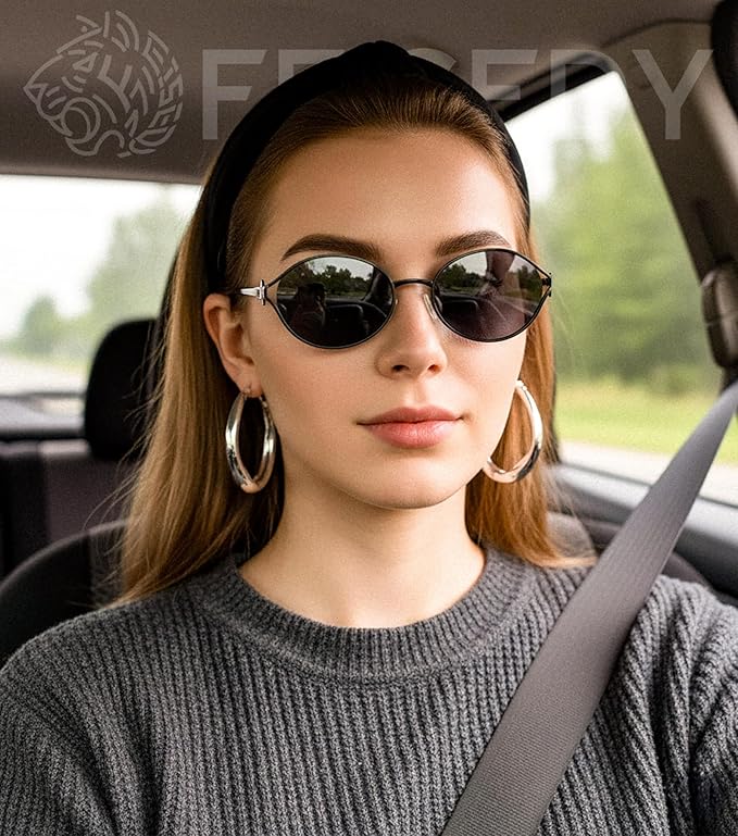 FEISEDY Retro Oval Small Sunglasses for Women Men 90s Trendy Classic Y2K Frame Round Shades UV400 Protection B9164