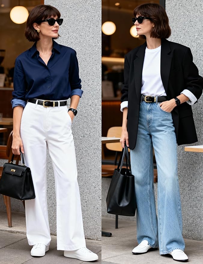 Womens Belts for Jeans 1.1" Width Ladies Belts for Dresses Full Grain Leather Gold Buckle Belt Gift Box