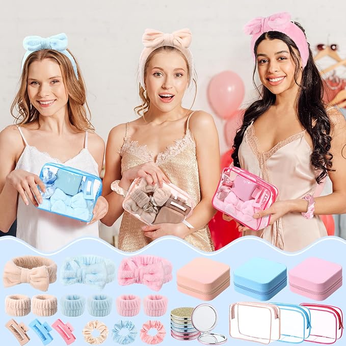 Spa Party Favors Pink Sleepover Party Supplies Bow Headband Wristband Scrunchies Hair Clip Jewelry Case Makeup Bag Mirror for Women Bridesmaid Return Gifts(Multicolor,96 Pcs)