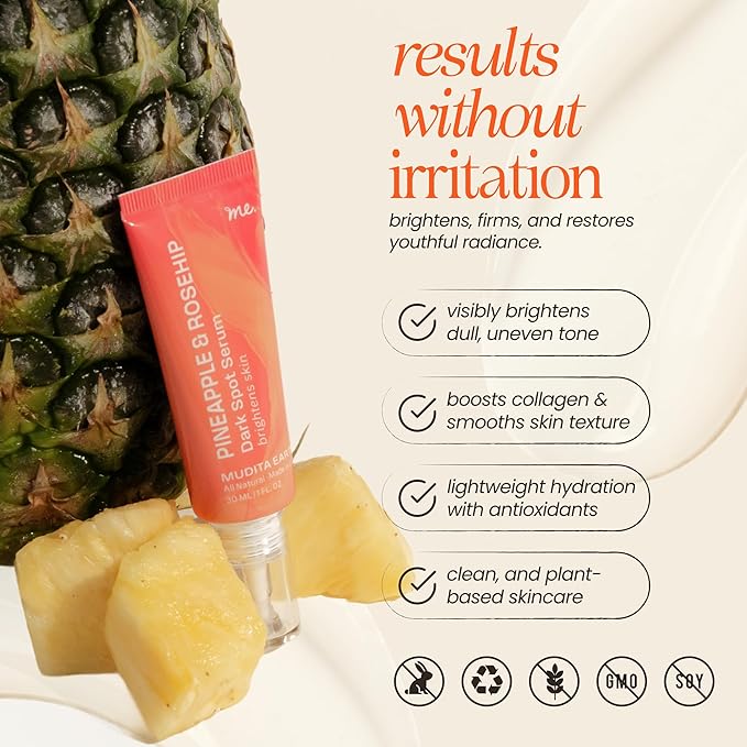 Mudita Earth Pineapple Bright Vitamin C Serum – 1 Fl Oz | Vitamin C & Niacinamide Serum for Acne Scars, Dark Spots & Hyperpigmentation, Glow-Enhancing & Even Tone Support with Rosehip, Hyaluronic Acid