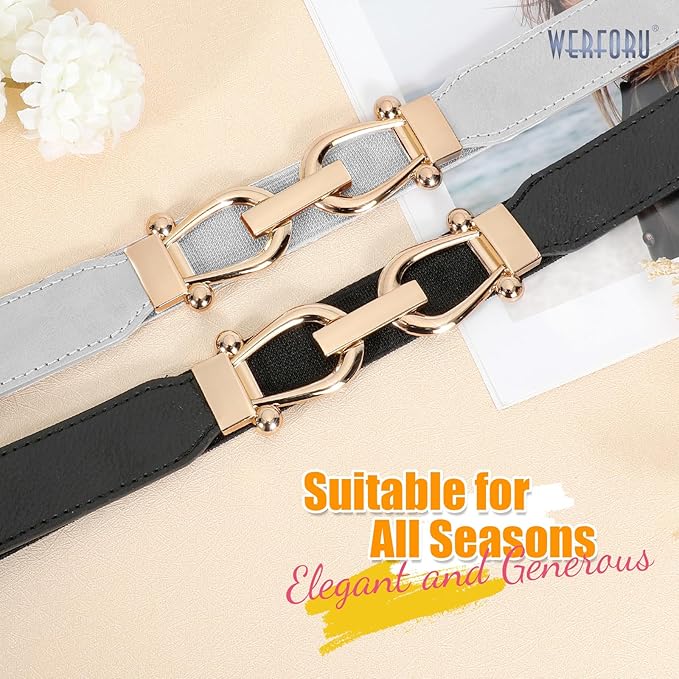 WERFORU Women Skinny Belt for Dresses Retro Stretch Waist Belt with Gold Buckle Set of 4