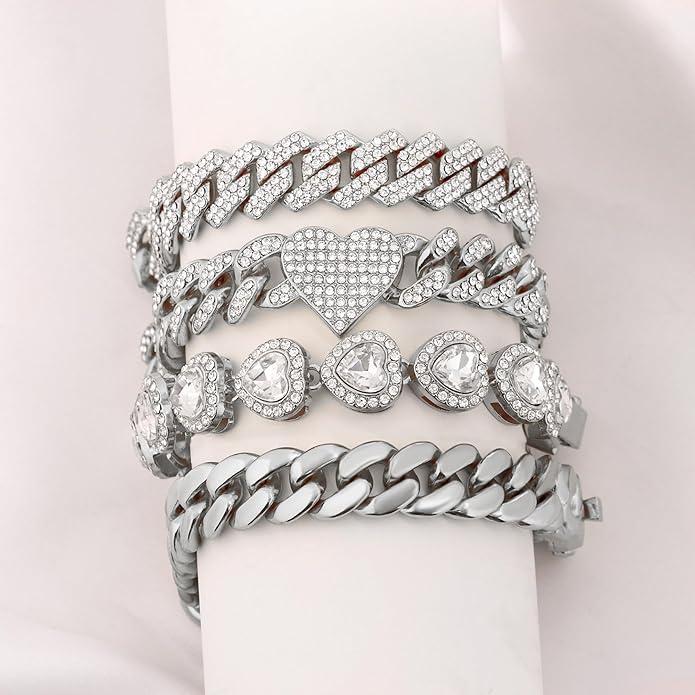4PCS Gold Bracelets for Women Silver Clustered Tennis Bracelet for Women Heart Round Diamond Cuban Bracelet Layered Link Bracelet Set Fashion Jewelry for Women Set
