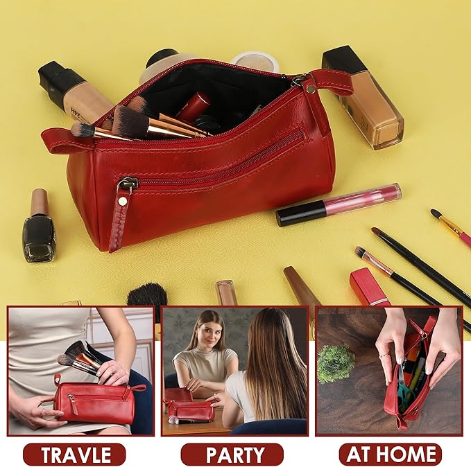 Red Leather Cosmetic Bags For Women - Leather Makeup Bag for Purse, Small Cosmetic Pouch for Travel, Handmade Make Up Case for Purses, Cute Make up Essential Small Makeup Pouch for Daily Use