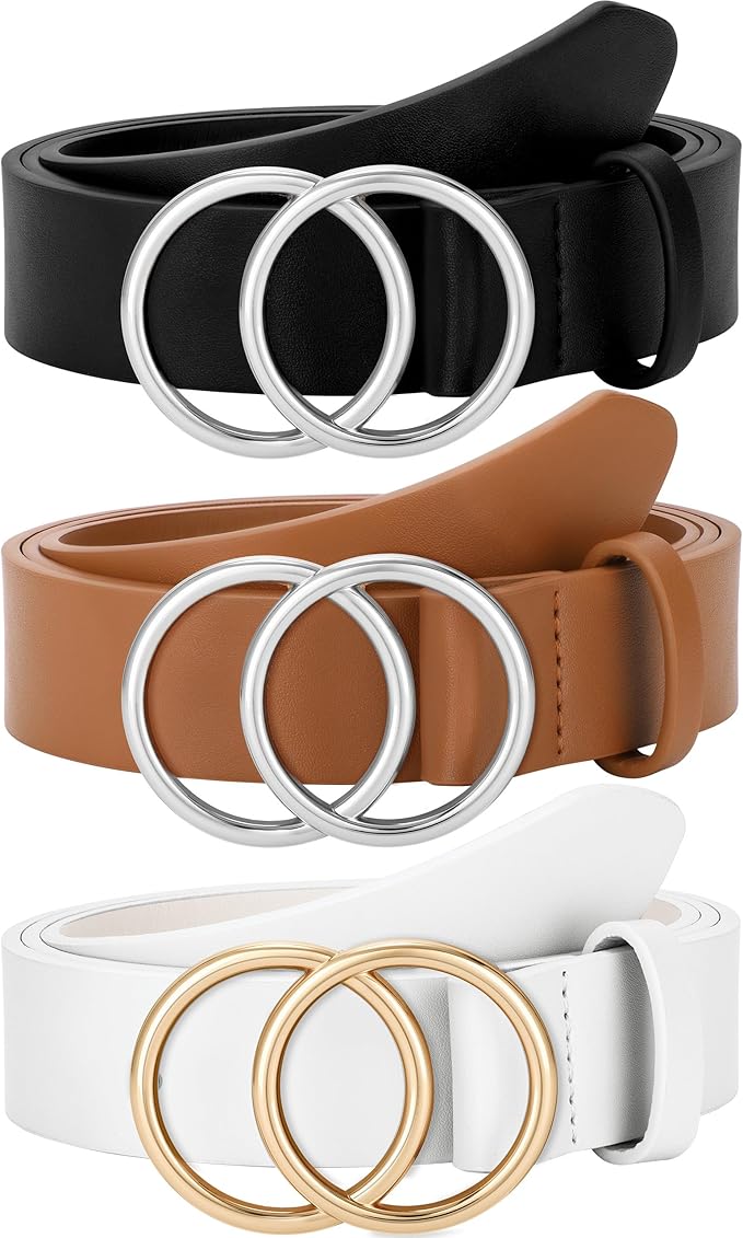 SUOSDEY Women Leather Belt Fashion Double O-Ring Soft Faux Leather Waist Belts For Jeans Dress