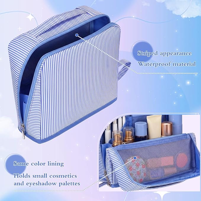 Striped Makeup Bag Large Cosmetic Bags for Women Gift with Brush Loops Mesh Pocket Wrist Strap Travel Organizer Storage Pouch Toiletry Case with Divider for Mirror(Blue)