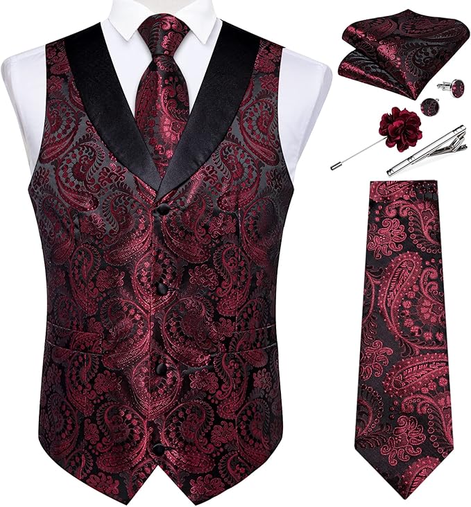 DiBanGu Mens Paisley Suit Vest Silk Jacquard Waistcoat and Necktie Set Formal Shawl Collar Dress Vest 7PCS for Wedding Party
