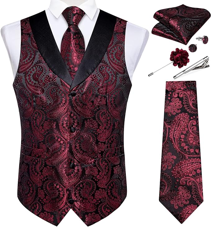 DiBanGu Mens Paisley Suit Vest Silk Jacquard Waistcoat and Necktie Set Formal Shawl Collar Dress Vest 7PCS for Wedding Party