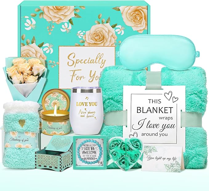 Valentines Day Gifts for Women, Self Care Gifts Spa Basket Set for Women Get Well Soon Gifts with Flannel Blanket, Thinking of You Valentine's Day Gifts for Her Mom Girlfriend Sister Wife
