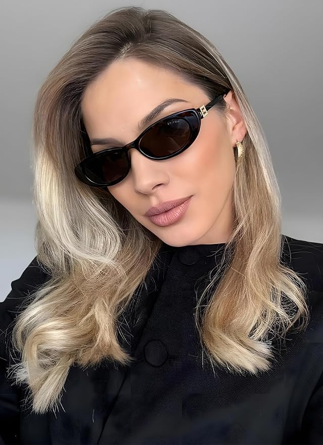 Retro Oval Cat Eye Sunglasses for Women Trendy Narrow Small Oval Sun Glasses 90s Vintage Shades