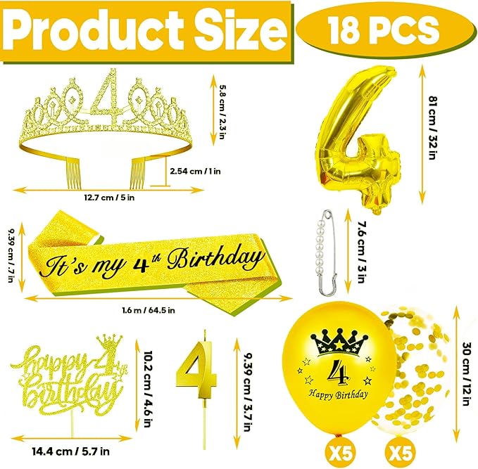 4th Birthday Decorations for Her Girls Set, Include 4th Birthday Crown and 4 Sash, 4th Birthday Cake Topper and 4 Birthday Candles, Gold 4 Balloons, Women 4th Party Supplies(Gold)