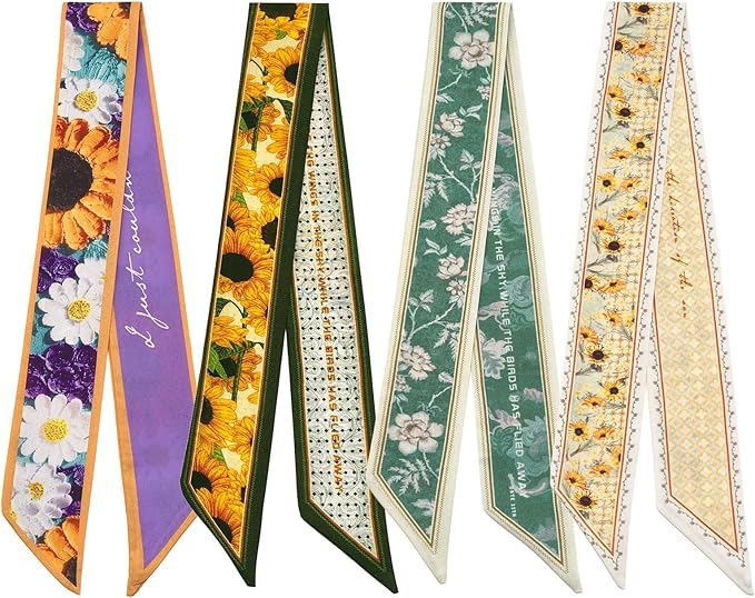 4 Pack Purse Scarf Handbags Skinny Twill Hair Scarves Narrow Neck Scarf Band Women Fashion Accessories Bag Charms