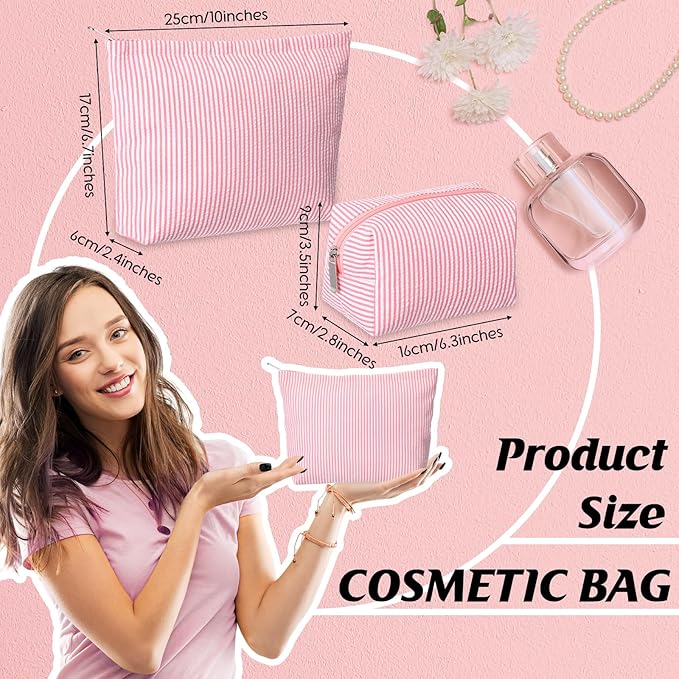 2 Pieces Makeup Bag Set Cute Cosmetic Pouch for Women Seersucker Travel Toiletry Bag Preppy Small Makeup Purse Pouch Aesthetic Skincare Brushes Storage Organizer for Christmas Women(Rose Pink)
