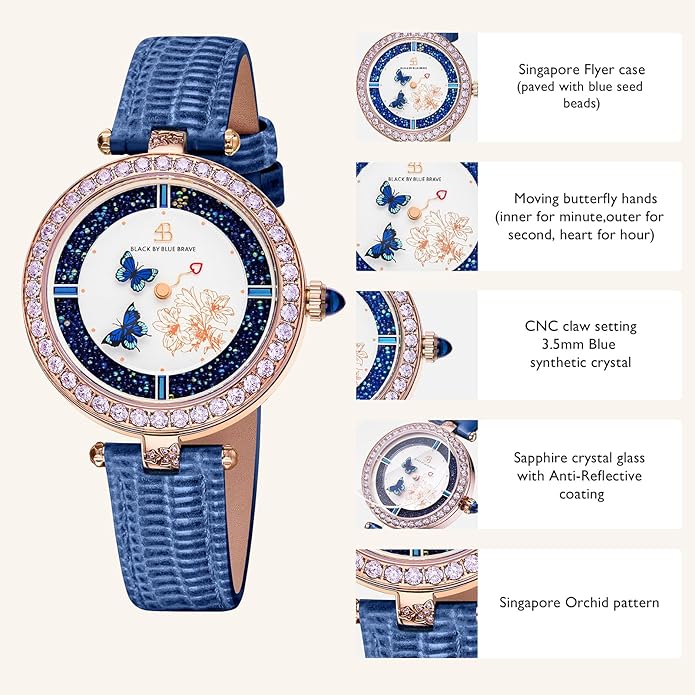 Women's Watch Butterfly Watches for Women Moving Butterflys Hands with Genuine Leather Strap Bee Watches for Women BLACK BY BLUE BRAVE Butterfly Lovers, Sapphire Crystal Glass combining Cubic Zirconia Stones and 3.5mm Synthetic Crystal Women's Wrist Watch