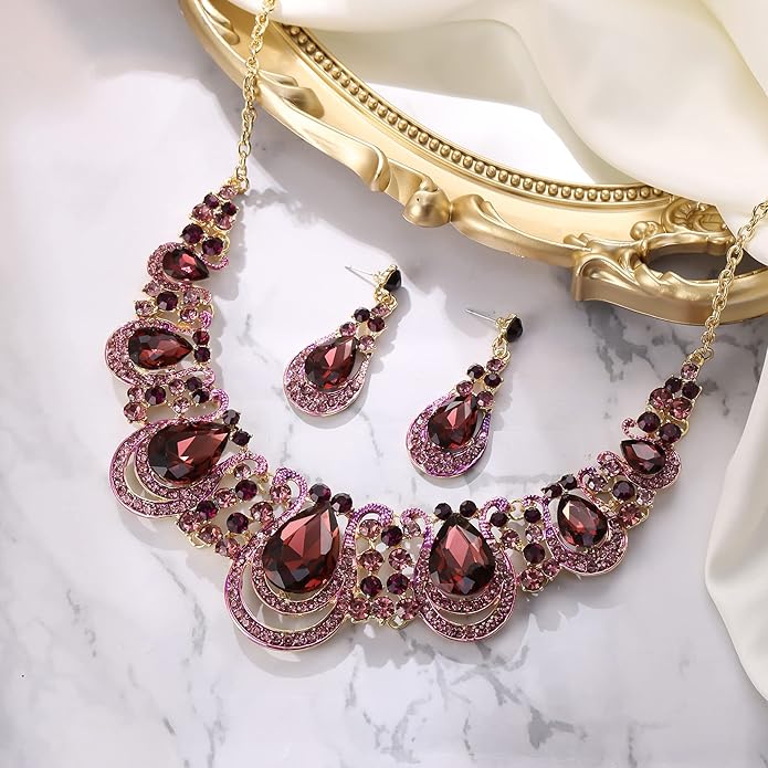 BriLove Women's Costume Fashion Crystal Teardrop Hollow Scroll Statement Necklace Dangle Earrings Set