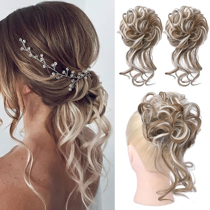 HOOJIH 2PCS Messy Bun Hair Piece, Tousled Updo with Tendrils Hair Bun Extensions Wavy Curly Wrap Ponytail Hairpieces Scrunchies for Women HB010 Dasiy - Deep Blonde with Blonde highlights