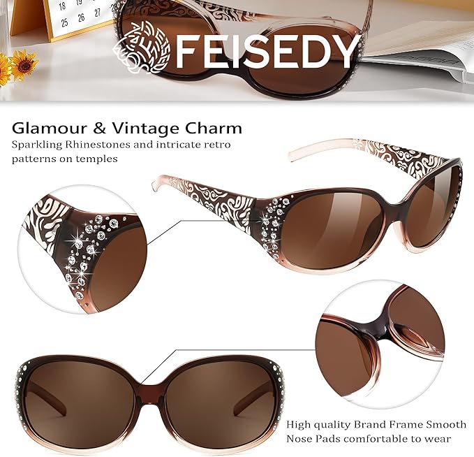 FEISEDY Women's Polarized Sunglasses Wrap Around Rhinestone Design Fashion Sunnies UV400 Protection B1091