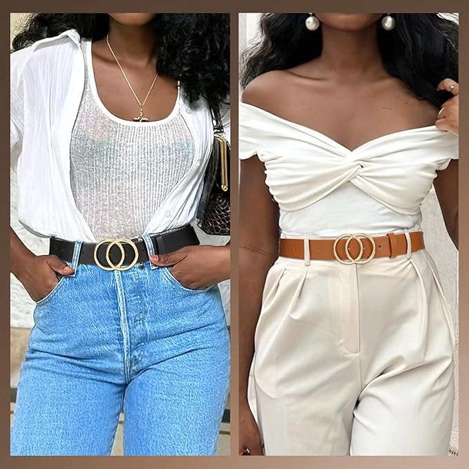 SANSTHS 2 Pack Women Leather Belts Faux Leather Jeans Belt with Double O Ring Buckle