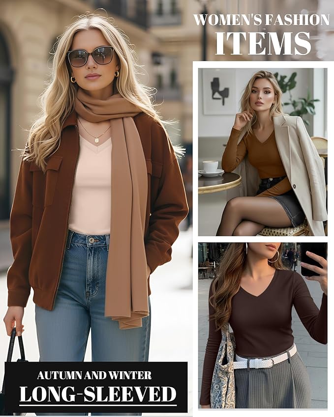 Ficerd 3 Pack Women's Long Sleeve Shirts, V Neck Basic Tees Slim Fitted Casual Fall Tops Going Out Blouses T Shirts
