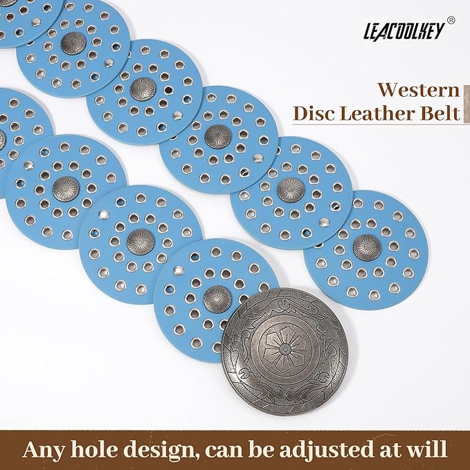 LEACOOLKEY Women's Boho Disc Belt Wide Western Leather Belt Vintage Concho Waist Belts for Dress Jeans