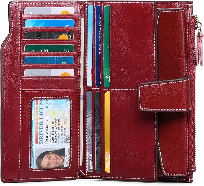 Women's Retro Long Wallet Genuine Leather RFID Blocking Large Capacity Clutch Purse in Brown (Dark Red)
