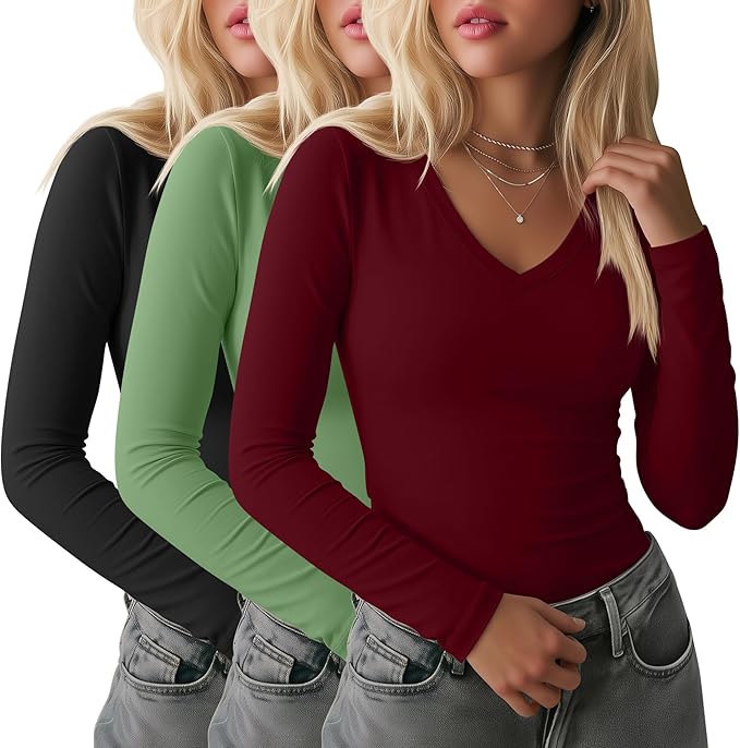 Ficerd 3 Pack Women's Long Sleeve Shirts, V Neck Basic Tees Slim Fitted Casual Fall Tops Going Out Blouses T Shirts