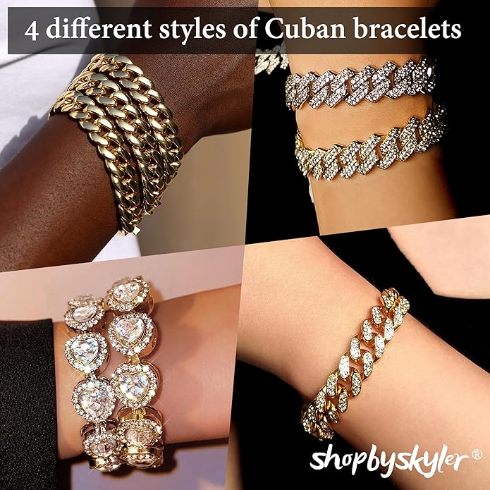 4PCS Gold Bracelets for Women Silver Clustered Tennis Bracelet for Women Heart Round Diamond Cuban Bracelet Layered Link Bracelet Set Fashion Jewelry for Women Set