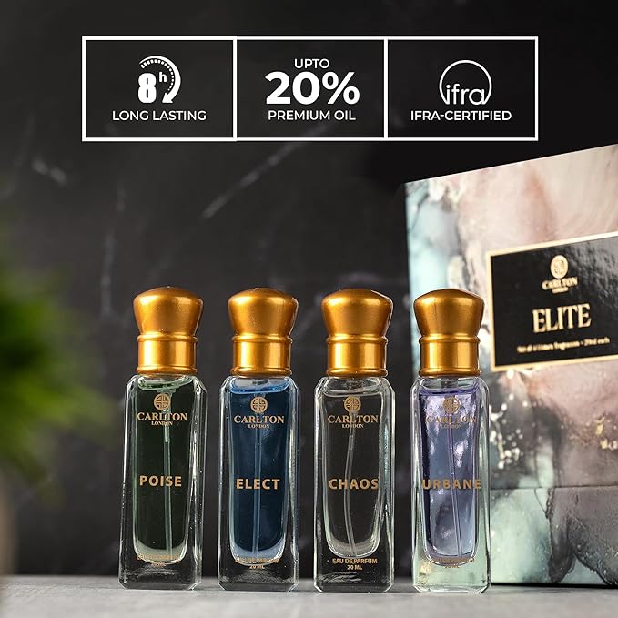 Carlton London Elite Perfume For Woman & Man – 4x20ml | Luxury Perfume Gift Set For Couple | Long Lasting Unisex EDP Combo With Fruity, Musky, Citrusy, Smoky Notes | Travel Size Perfumes Set