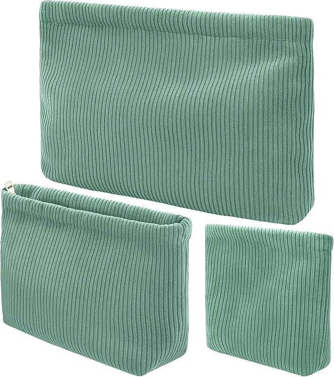 Sanwuta 3 Pack Corduroy Makeup Bag Set Cosmetic Toiletry Travel Pouch Organizer Velvet Makeup Bag for Women Large Pouch Zipper Purse Make up Organizer, Women Girls Gift(Light Green)