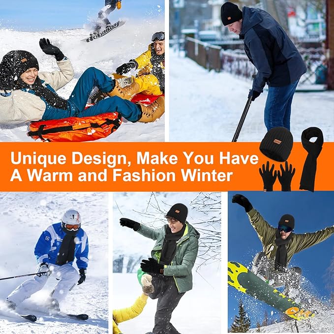 3PCS Winter Beanie Hat Scarf Touchscreen Gloves Set for Men and Women, Knitted Fleece Lined Hats Thermal Gloves Long Scarf