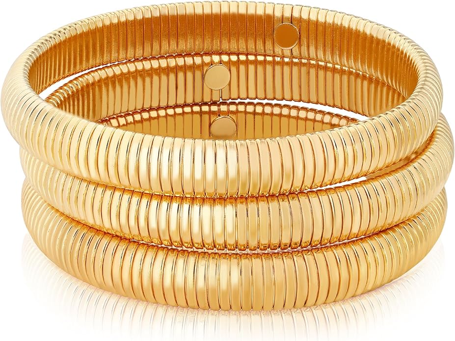 MISS RIGHT Gold Chunky Stretch Snake Chain Bangle Bracelets Stack for Women Trendy, 18K Gold Filled Stainless Steel Stretchy Womens Stackable Wristband Bangles Bracelet Set