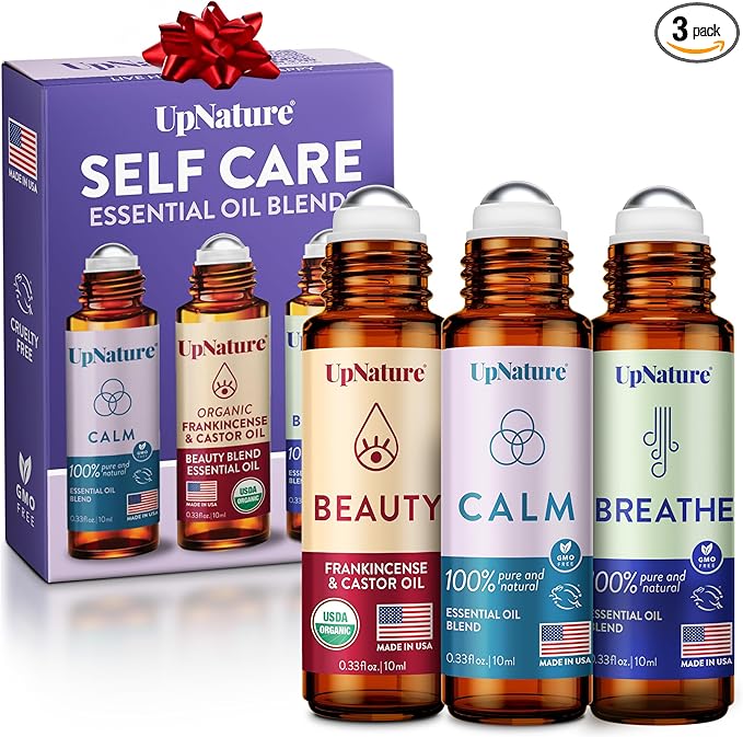 UpNature Self Care Gifts for Women Essential Oils Roll On Set – Galentines & Valentines Day Gifts for Her Mom Wife - Breathe, Beauty & Calm Oil Roller for Aromatherapy and Relaxation