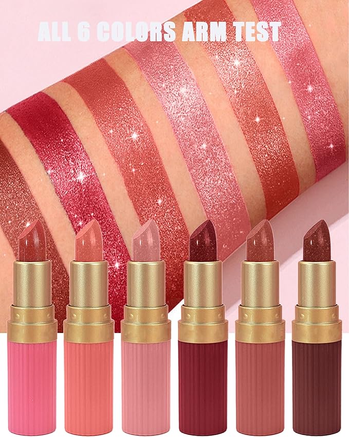 Sparkling Glitter Lipstick Set,6 Pcs Shimmer Nude Pink Brown Dark Rose Red Lip Gloss for Women Long Lasting Waterproof Metallic Diamond Shiny Lipstick Non-Stick Lipgloss Lip Color labiales Makeup Gift