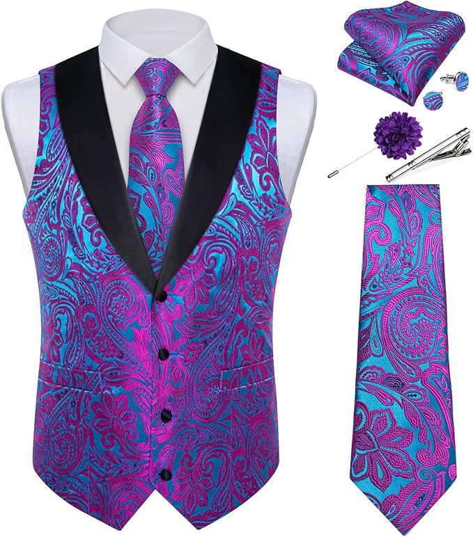 DiBanGu Mens Paisley Suit Vest Silk Jacquard Waistcoat and Necktie Set Formal Shawl Collar Dress Vest 7PCS for Wedding Party