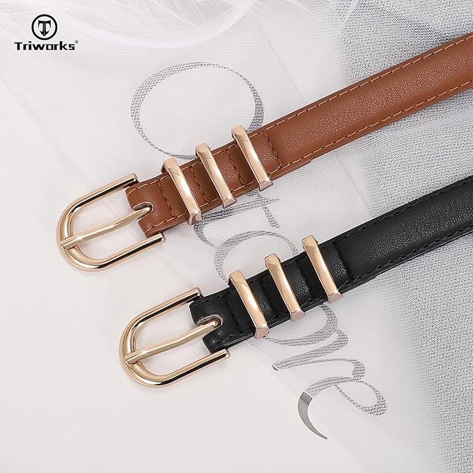 2 Pack Women Skinny Leather Belts for Jeans Pants Thin Faux Leather Belt with Gold Buckle