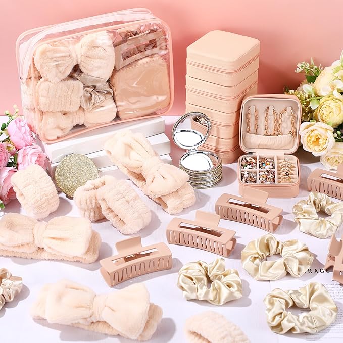 Spa Party Favors Pink Sleepover Party Supplies Bow Headband Wristband Scrunchies Hair Clip Jewelry Case Makeup Bag Mirror for Women Bridesmaid Return Gifts(Beige,48 Pcs)