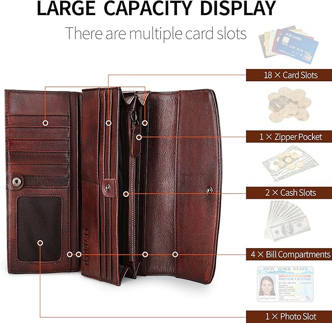 Wallets for Women Large Capacity Leather Clutch Wallet Card Organizer Women's Purse