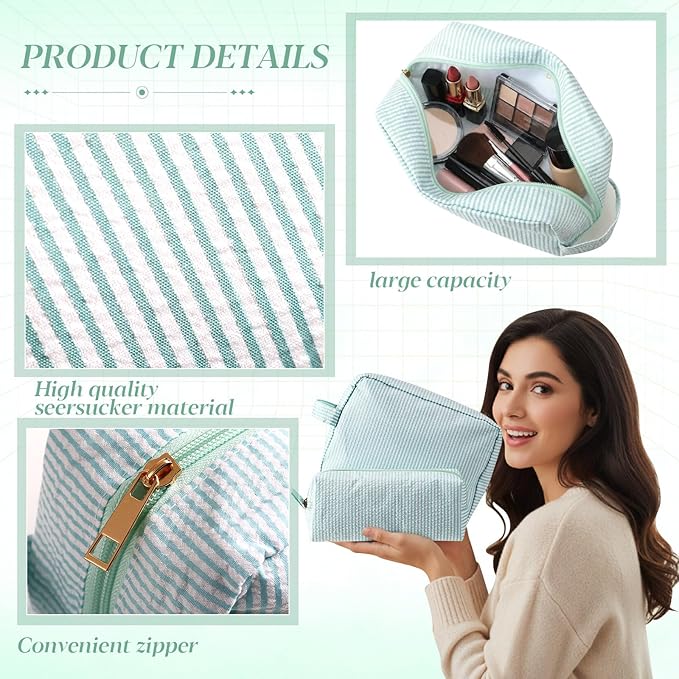 Sanwuta 2 Pcs Makeup Bag Set Seersucker Cosmetic Bag for Women Cute Stripe Travel Toiletry Organizer Aesthetic Preppy Storage Pouch for Girls Wedding Bridesmaid Valentine's Day Gifts(Lake Blue)