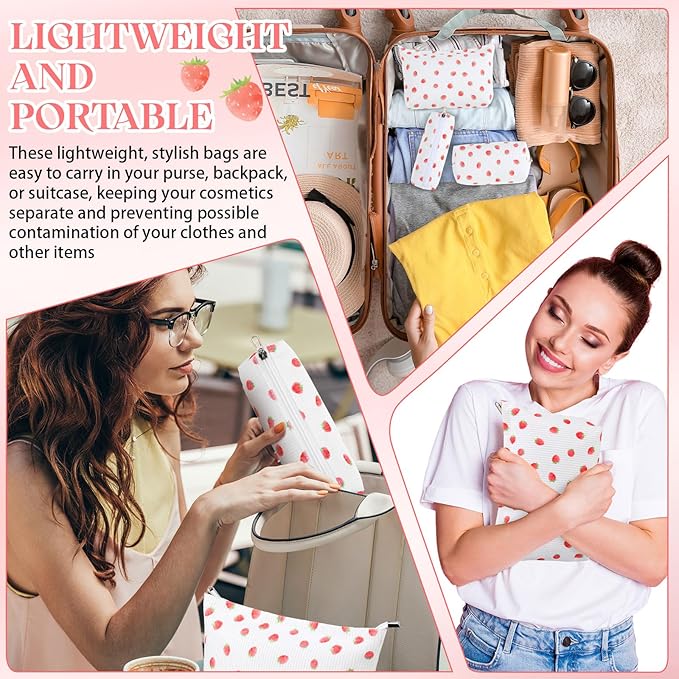 3 Pcs Makeup Bag Set for Women Corduroy Cosmetic Pouch Aesthetic Smile Travel Toiletry Bag Cute Purse Pouch Pencil Case Makeup Brushes Storage Organizer for Christmas (White, Strawberry)