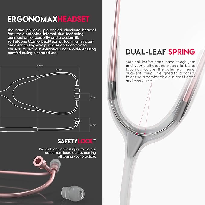 MDF Instruments, Acoustica Lightweight Stethoscope for Doctors, Nurses, Students, Home Health Use, Adult, Dual Head, White Tube, Rosegold (Matte Finish) Chestpiece-Headset, MDF747XPRG29