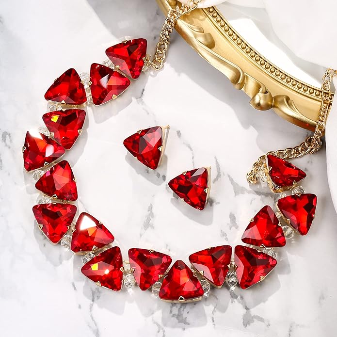 BriLove Art Deco Sparkly Triangle Statement Necklace Earrings Set for Women