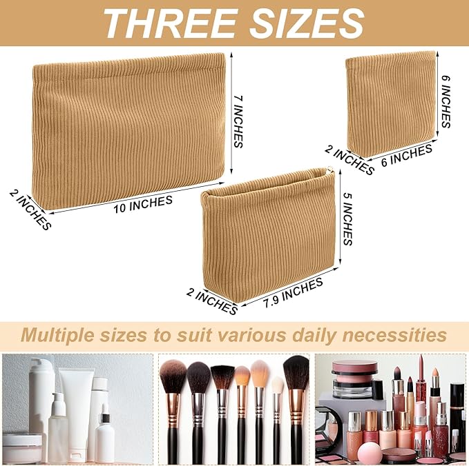 Sanwuta 3 Pack Corduroy Makeup Bag Set Cosmetic Toiletry Travel Pouch Organizer Velvet Makeup Bag for Women Large Pouch Zipper Purse Make up Organizer, Women Girls Gift(Khaki)