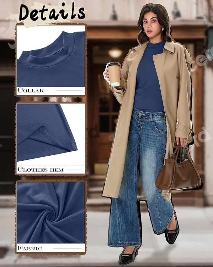 Ficerd 3 Pack Women's Mock Turtleneck Shirts, Long Sleeve Mock Neck Pullover Tops Slim Fitted Stretch Undershirt Tee Blouse