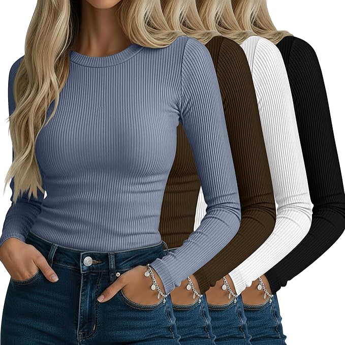 Neer 4 Pack Women's Ribbed Long Sleeve Shirts, Cotton Crew Neck Slim Fit Tops Stretch Knit Casual Base Layer Basic Tee Shirts