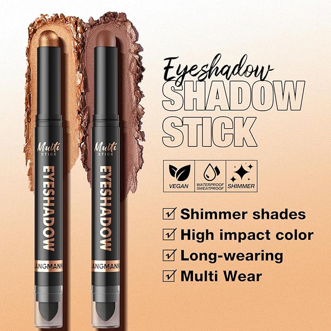 LANGMANNI 4Colors Dual-Ended Cream Eyeshadow Stick Set – Silky Smooth, Waterproof & Transfer-Proof, Built-in Blender Brush, All-Day Matte & Shimmer Wear Eye Makeup(#13+14+15+16)