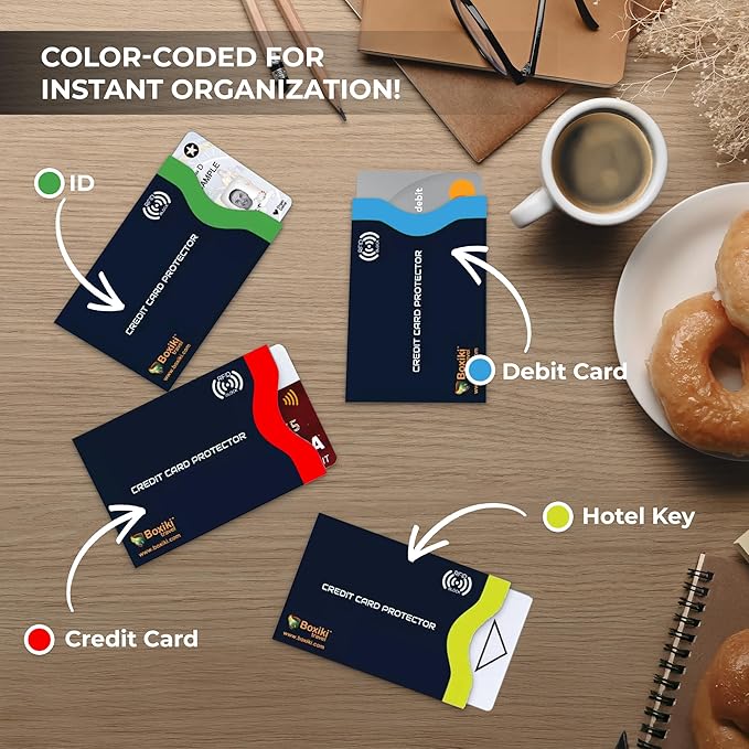 Boxiki Travel RFID Blocking Sleeves, Set with Color Coding | Identity Theft Prevention RFID Blocking Envelopes Set of 12 Credit Card Sleeves (Navy Blue) | Set of 12