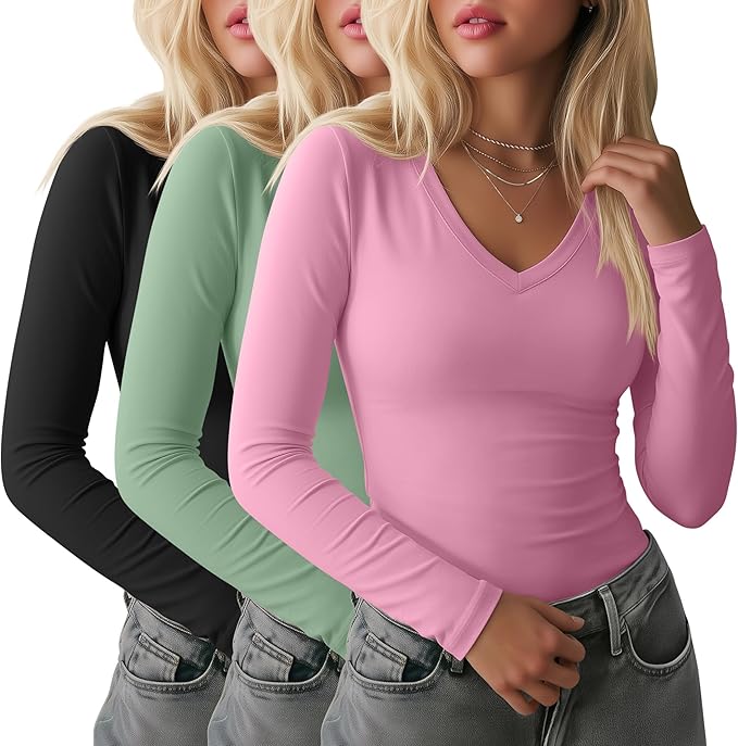 Ficerd 3 Pack Women's Long Sleeve Shirts, V Neck Basic Tees Slim Fitted Casual Fall Tops Going Out Blouses T Shirts