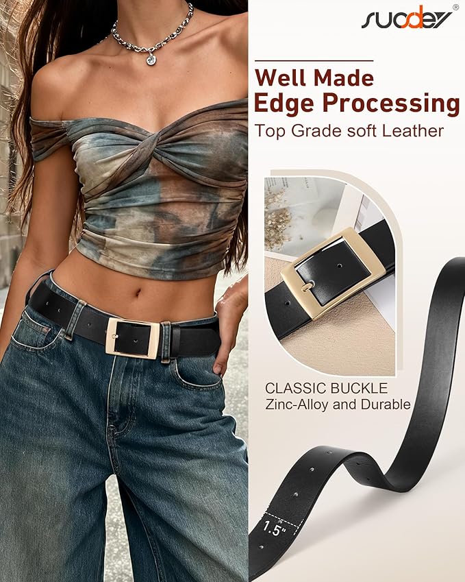 SUOSDEY Fashion Womens Leather Belts,Wide Waist Belt with Pin Buckle for Jeans Pants Dresses,1.5" width