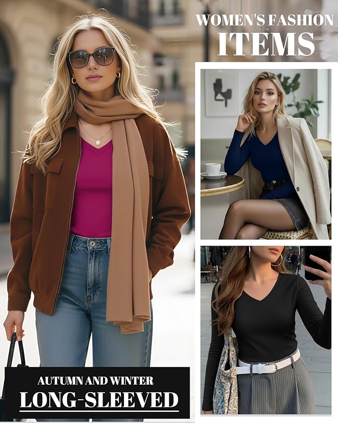 Ficerd 3 Pack Women's Long Sleeve Shirts, V Neck Basic Tees Slim Fitted Casual Fall Tops Going Out Blouses T Shirts