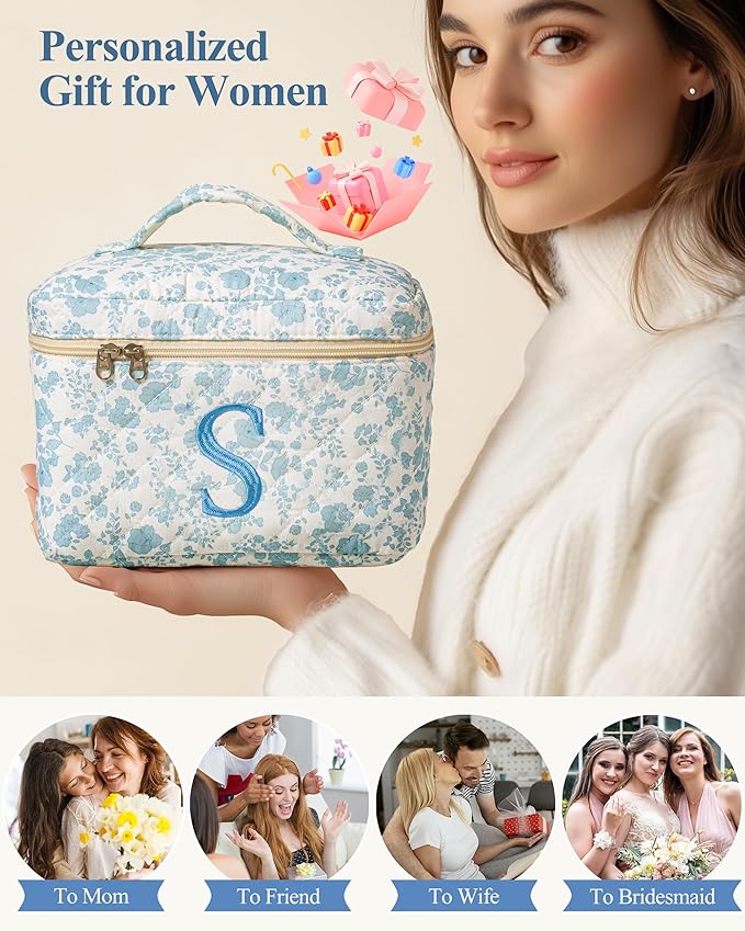 HBselect Initial Quilted Makeup Bag, Cotton Large Travel Makeup Bag, Cute Floral Coquette Make up Bag Cosmetic Bag Toiletry Bag for Women Girls S
