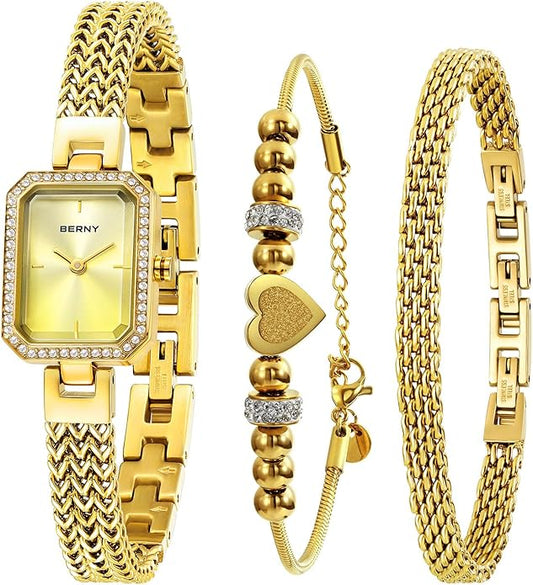 BERNY Silver Watches for Women Ladies Wrist Watch and Bracelet Set Dainty Quartz Bracelet Watch Premium Crystal Accented Fashion Luxury Birthday Present for Women